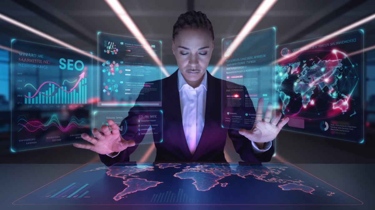 Ultra-realistic, photorealistic image of a focused and confident diverse business professional (mid-30s) strategically interacting with multiple vibrant, glowing holographic screens in a sophisticated modern workspace. The screens display a dynamic, inter